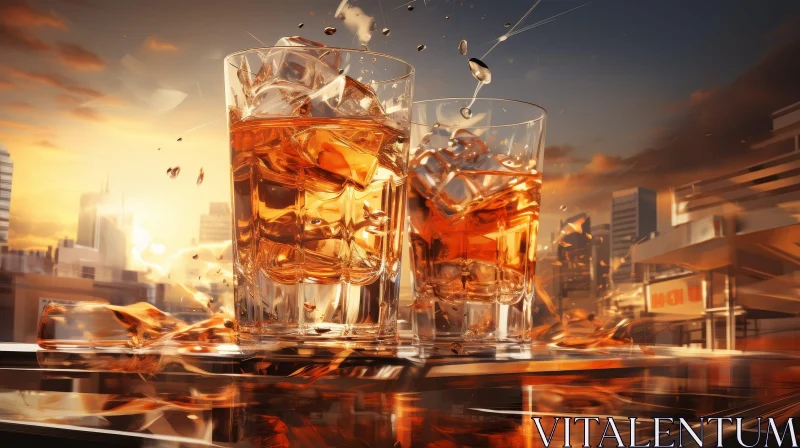 Luxurious Whiskey Glasses in Cityscape Setting AI Image