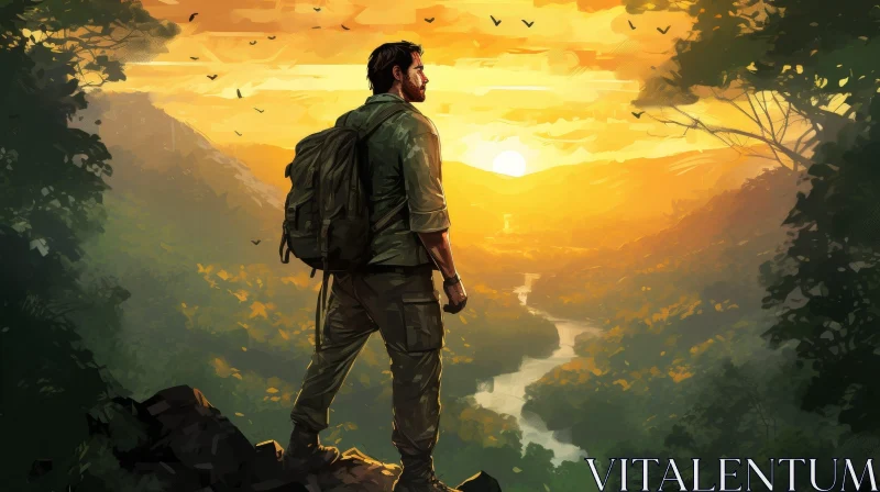 Man with Backpack in Jungle at Sunset AI Image