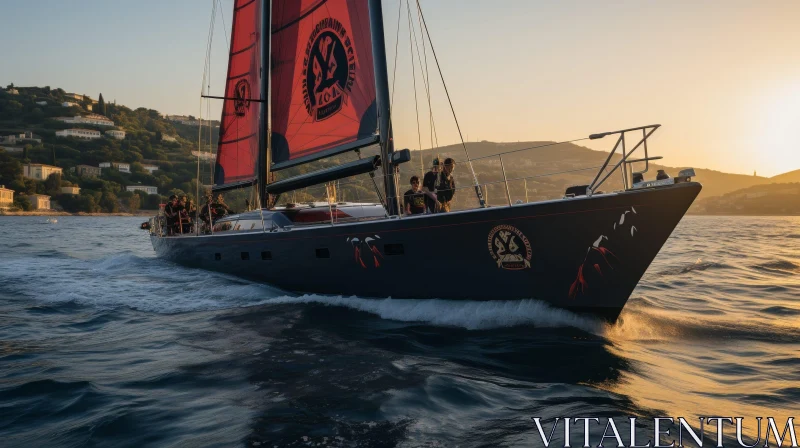 Racing Sailboat Slicing Through Ocean Waves at Sunset AI Image