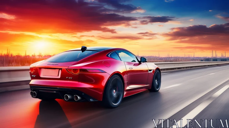 Red Jaguar F-Type at Sunset on Asphalt Road AI Image