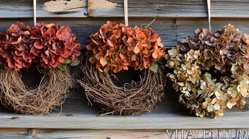 Rustic Beauty: Dried Hydrangea Flower Wreaths on Wooden Wall AI Image