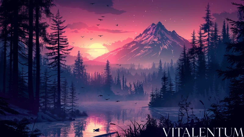Tranquil Mountain Lake Sunset Scene AI Image