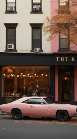 Vintage Pink Dodge Charger in Front of Commercial Building