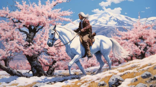 White Horse amidst Cherry Blossoms - A Realist Adventure Painting