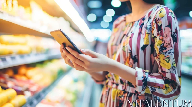 Woman in Supermarket: Checking Shopping List with Smartphone AI Image