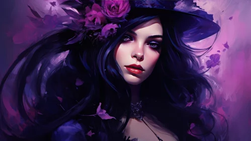Beautiful Woman Portrait with Black Hair and Purple Flowers