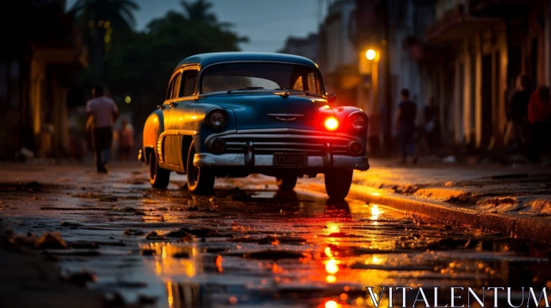 Blue Retro Car Parked on Wet Street at Night AI Image
