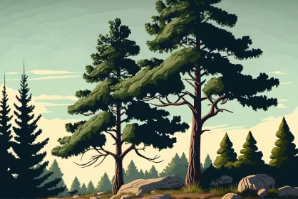 Captivating Woodland Scene: Hyper-Detailed Illustration of Pine Trees