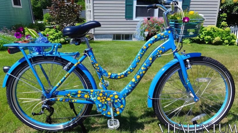Charming Blue Bicycle Parked in Front of a Gray House AI Image