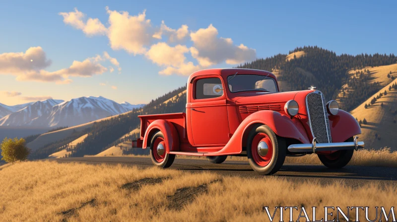 Classic Red Pick Up Truck in Field with Pine Trees - Realistic and Hyper-Detailed Renderings AI Image