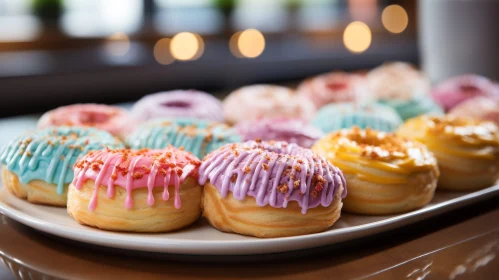Colorful Donuts Plate on Wooden Table
