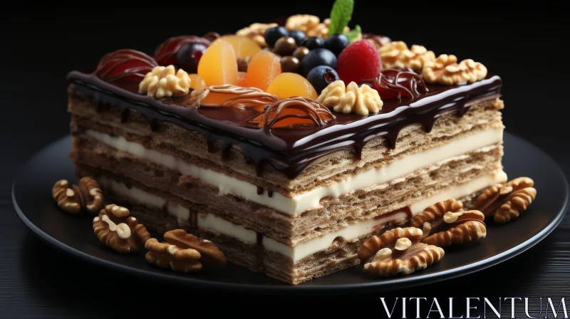 Decadent Chocolate Cake with Fruit and Nut Toppings AI Image