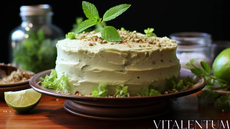 Delicious Cake with Green Frosting on Brown Plate AI Image