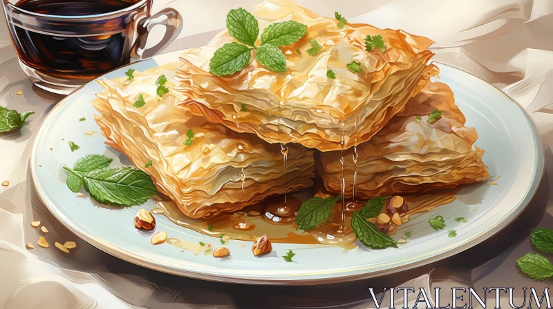 AI ART Delicious Middle Eastern Dessert - Baklava with Tea