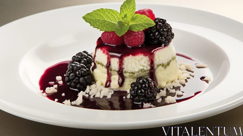 Delicious White Cake with Berries and Mint AI Image