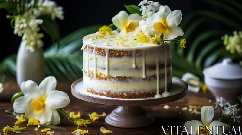 Elegant Cake with White Frosting and Flowers on Brown Stand AI Image