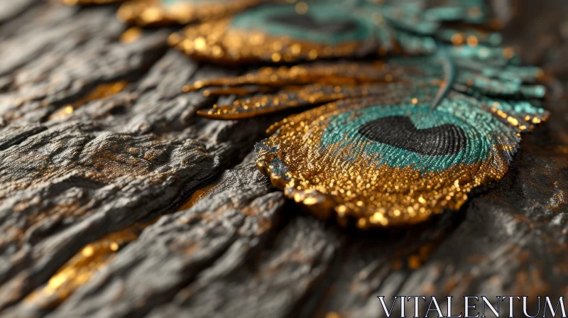 Golden and Turquoise 3D Peacock Feather Rendering on Dark Wood Background AI Image