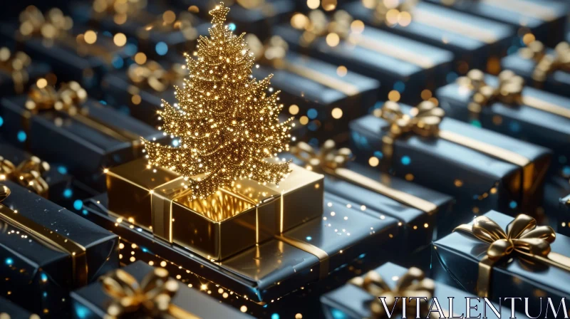 Golden Christmas Tree on Dark Blue Gift Boxes | 3D Rendering AI Image