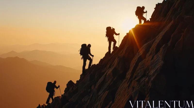 Hikers Silhouette on Mountain Top at Sunset AI Image