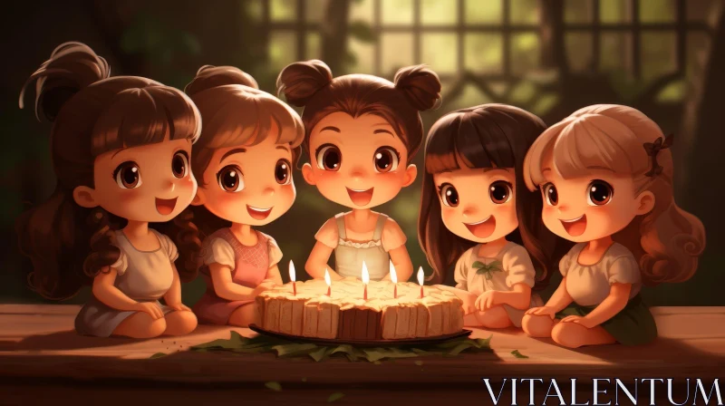 Joyful Birthday Celebration of Cute Girls in a Garden AI Image