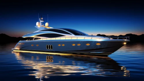 Luxury Yacht at Night with Stunning Sunset and Mountain Views