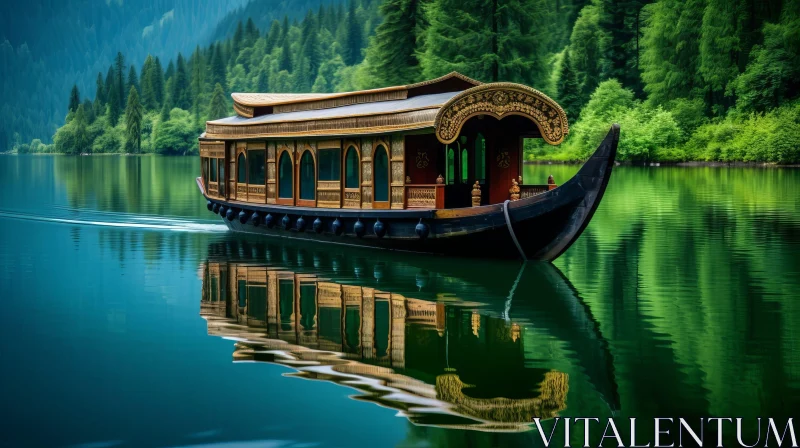 Majestic Traditional Wooden Boat on Calm Lake AI Image