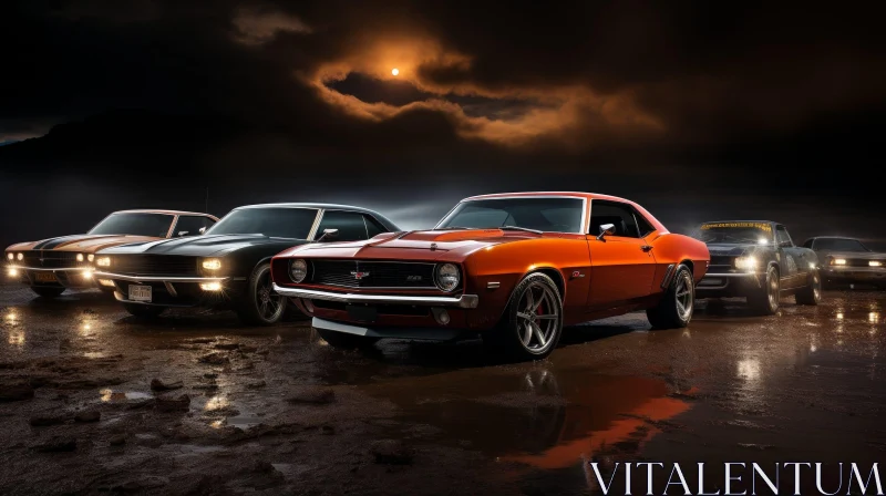 Moonlit American Muscle Cars in a Field AI Image