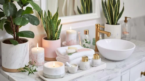 Serene Bathroom Vanity with Potted Plants and Therapie Beauty Products
