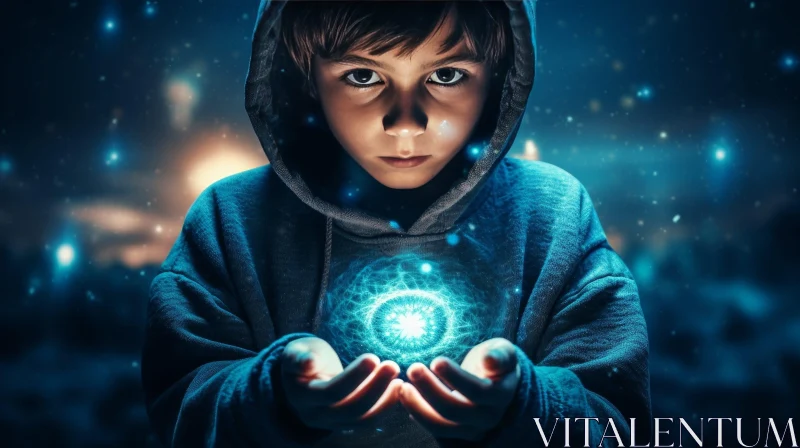 Serious Boy with Blue Orb in Night Sky AI Image