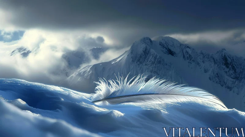 Snow-Capped Mountain Landscape with White Feather AI Image