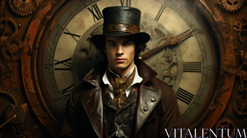 Steampunk Man Standing by Large Clock AI Image