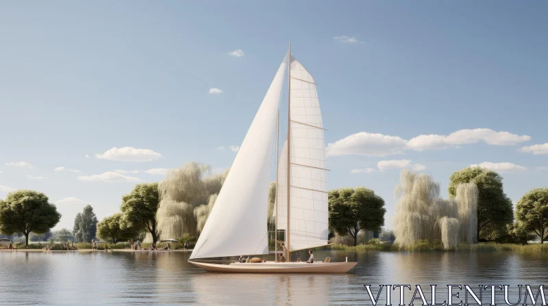Tranquil Lake Scene with Sailboat and Family AI Image