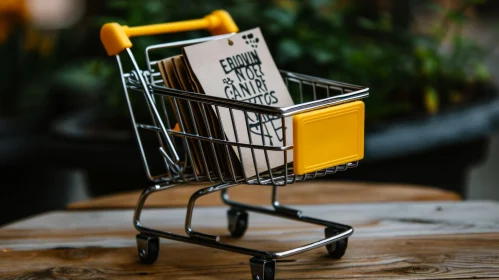 Unique Yellow Metal Miniature Shopping Cart with Portuguese Price Tag