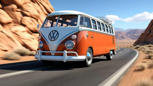 Vintage Volkswagen Type 2 Bus Driving in Desert Landscape