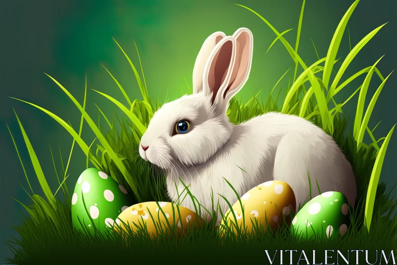 White Bunny in Grass with Colorful Easter Eggs - Hyper-Realistic Illustration AI Image