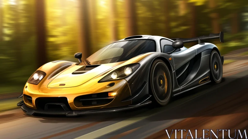 Yellow and Black Sports Car Driving Through Forest AI Image