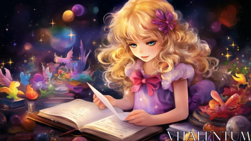 Young Girl Reading in Magical Atmosphere AI Image