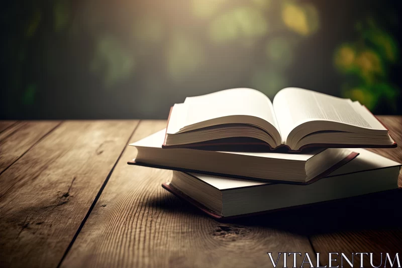 Captivating Light: A Stack of Books on a Wooden Table AI Image