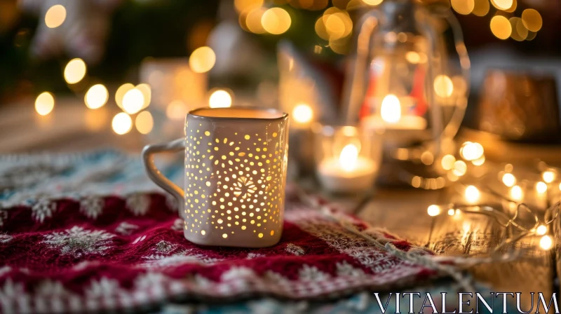 Cozy Christmas Mug with Burning Candle AI Image