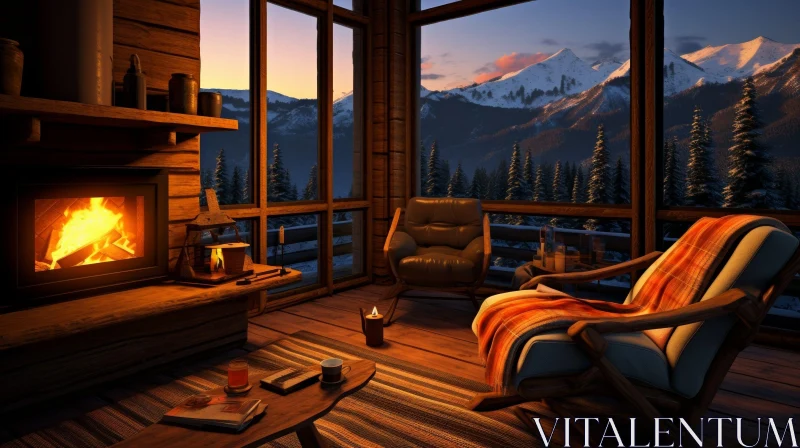 Cozy Winter Living Room with Fireplace and Mountain View AI Image