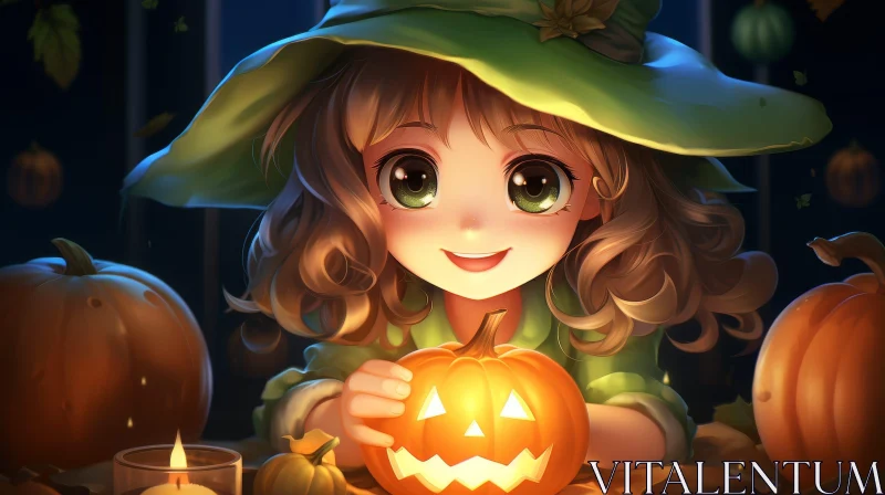 Enchanting Anime Girl with Pumpkin Lantern in Cartoon Style AI Image