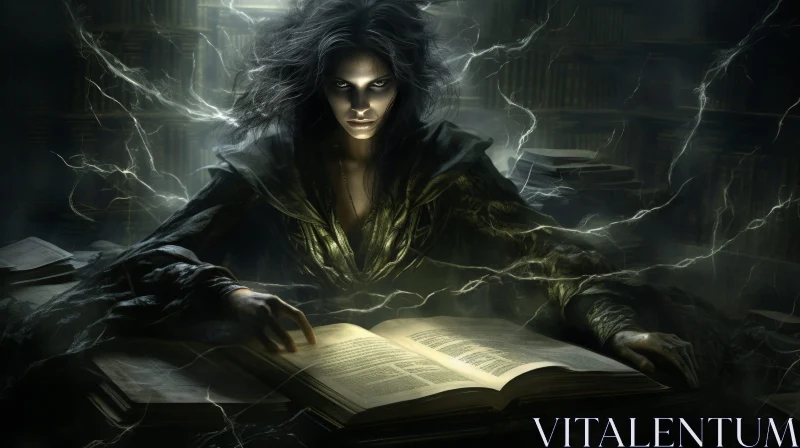 Enchanting Woman in Library with Magic Book AI Image
