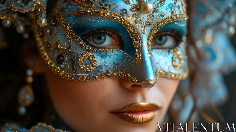 Enigmatic Woman in Blue and Gold Venetian Mask AI Image