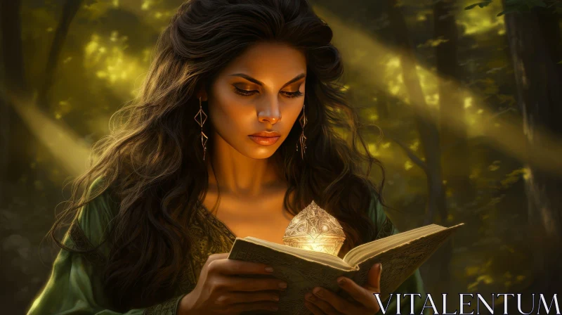 Enigmatic Woman in Sunlit Forest with Book AI Image