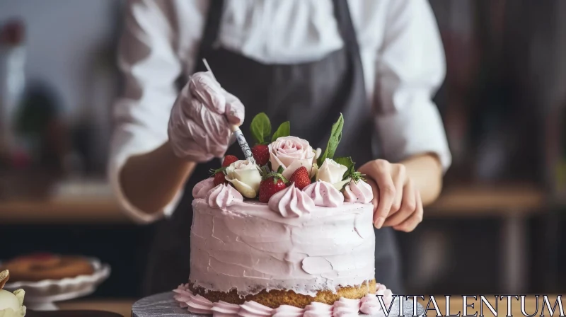 Exquisite Cake Decoration: Strawberries, Roses, and Leaves AI Image