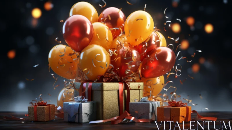 AI ART Festive 3D Rendering with Red and Gold Balloons