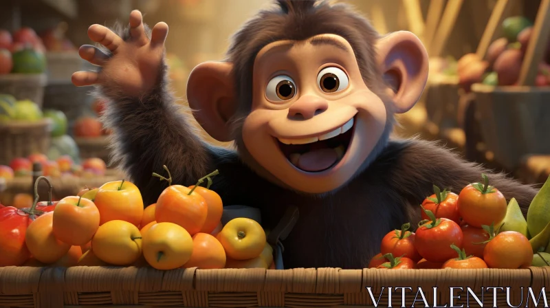 Friendly Monkey 3D Rendering with Fruits and Vegetables AI Image