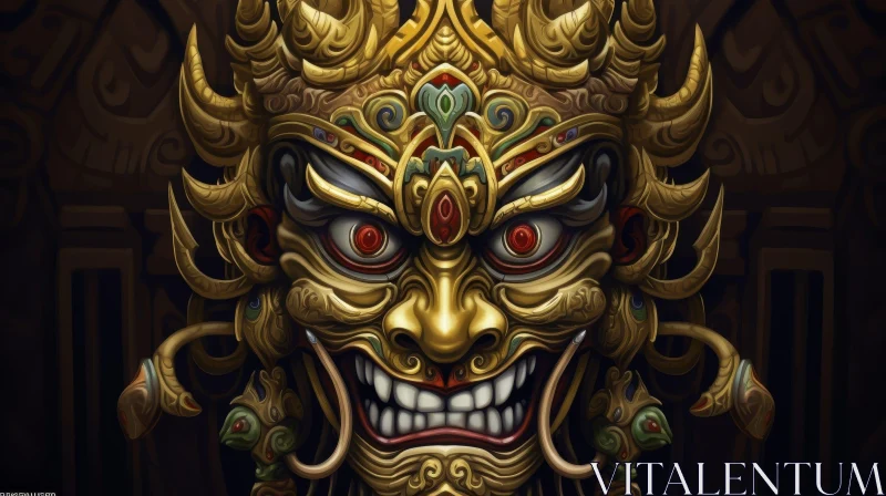 Golden Mask with Red Eyes and Horned Headdress AI Image