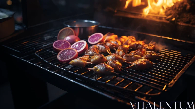 Grill with Fire: Delicious Meat and Vegetable Skewers AI Image
