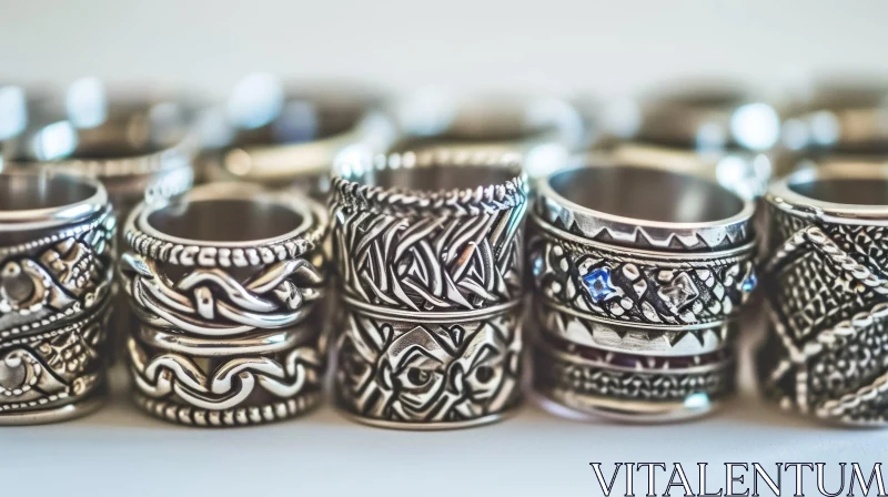 Intricate Silver Rings with Celtic Knots, Flowers, and Geometric Patterns AI Image